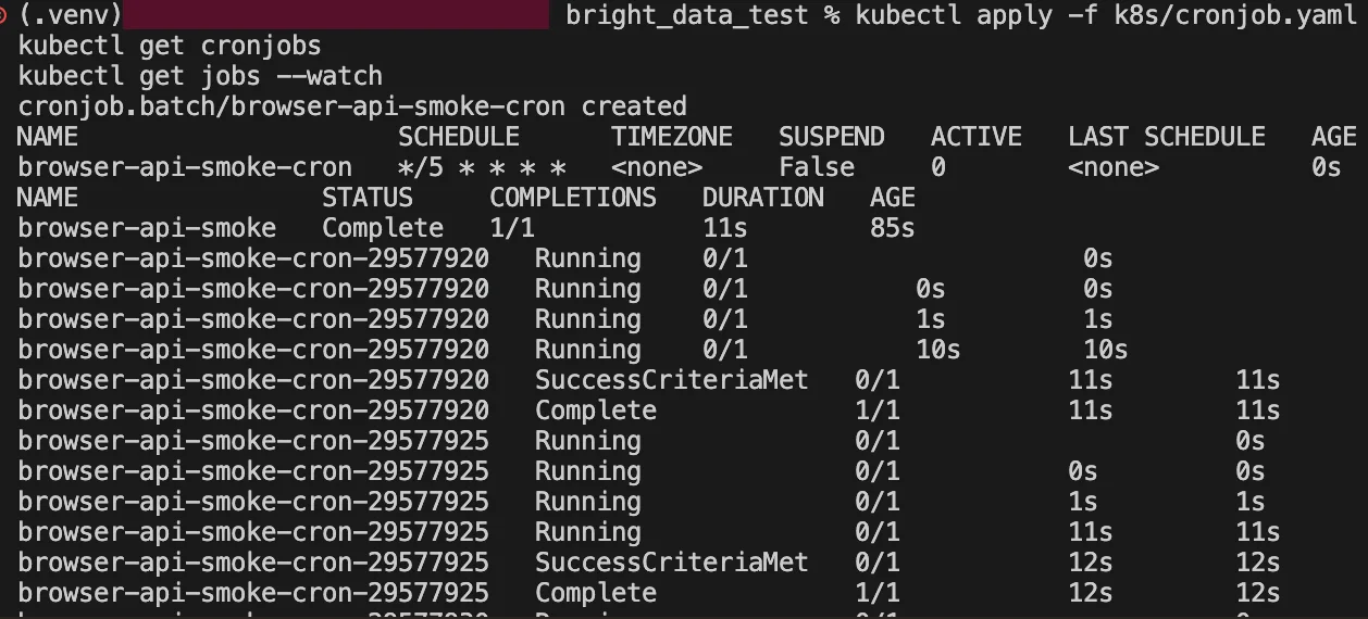 Nach der Validierung der einmaligen Batch-Ausführung wurde derselbe Scraper über einen Kubernetes CronJob geplant, ohne den Anwendungscode zu ändern.