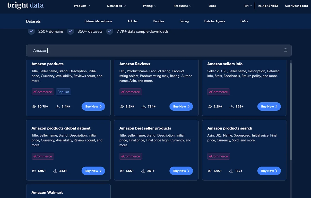 Bright Data’s Dataset Marketplace umfasst E-Commerce-Datensätze für Produkte, Bewertungen, Verkäufer, Preise, Verfügbarkeit und Suchergebnisse.