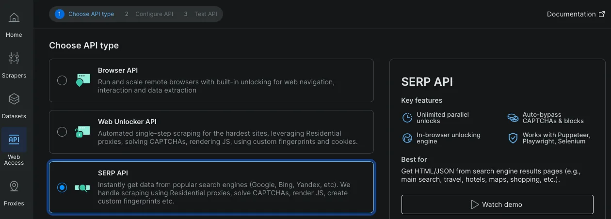 Eine Bright-Data-SERP-API für eine Python-Demo konfigurieren, mit Light JSON ausgewählt für die Top-organischen Suchergebnisse