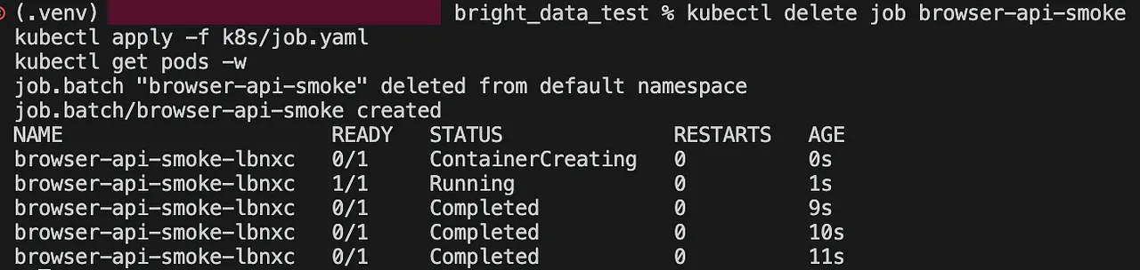 Der Kubernetes Job wurde erfolgreich abgeschlossen, der Pod schritt von der Container-Erstellung zu einem abgeschlossenen Batch-Lauf voran.