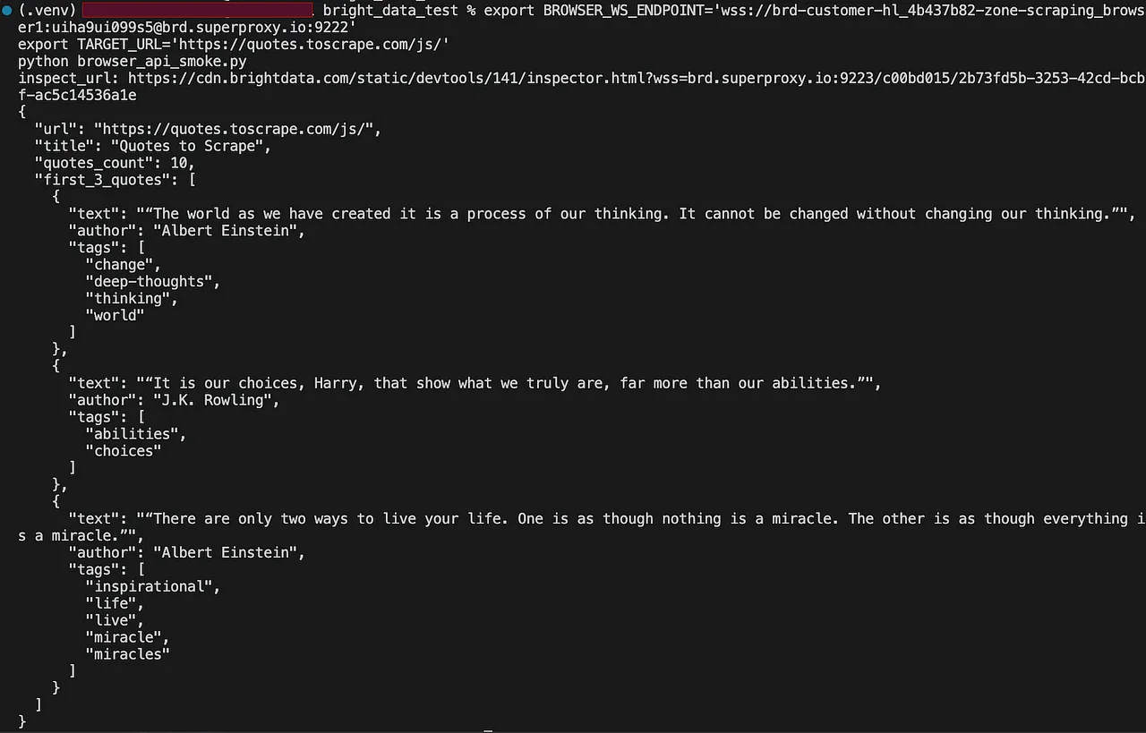 Der initiale Smoke-Test gab eine Live-DevTools-Inspektions-URL, den erwarteten Seitentitel und strukturierte Zitat-Daten zurück, die von einer JavaScript-gerenderten Seite extrahiert wurden.