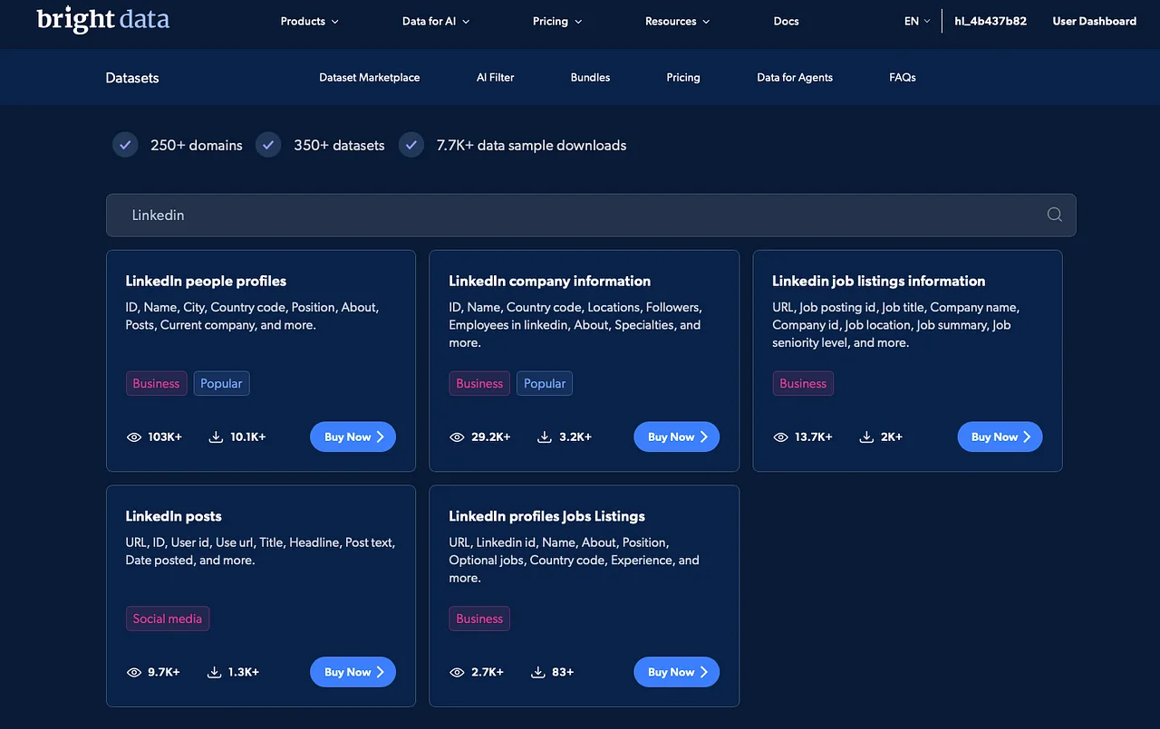Beispiel der LinkedIn-Datensätze im Bright Data Dataset Marketplace, einschließlich Personenprofile, Unternehmensinformationen, Stellenangebote, Beiträge und Profil-Stellenangebots-Datensätze.