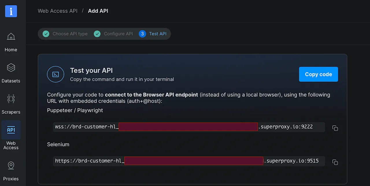Der Browser-API-Setup-Screen stellt einen Playwright/Puppeteer-kompatiblen WebSocket-Endpunkt bereit, über den man sich über CDP mit einem verwalteten Remote-Browser verbindet.