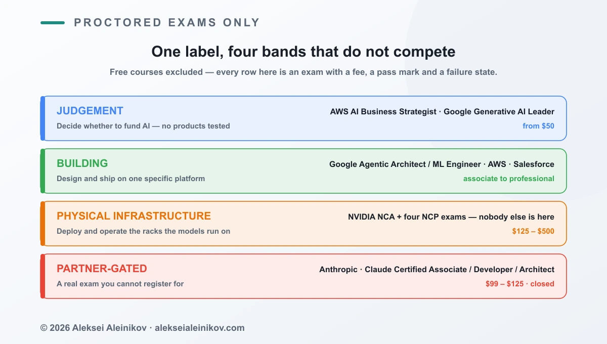 Four bands of AI certification in 2026: business judgement, platform building, physical infrastructure, and partner-gated exams.