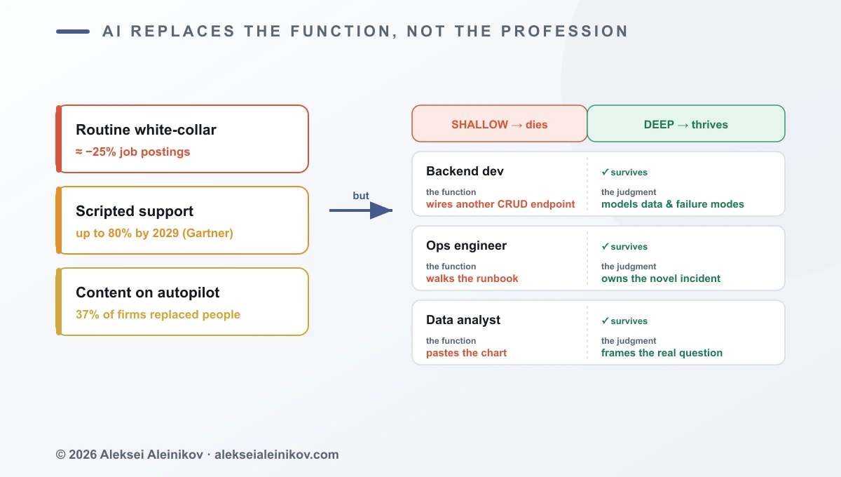 Three-panel diagram titled “AI replaces the function, not the profession”. Left panel lists three exposed categories with their statistics: routine white-collar work down roughly a quarter, scripted customer service where agentic AI may resolve up to 80 percent of common issues by 2029, content on autopilot with 37 percent of companies already replacing people. A large arrow points to the right panel, which contrasts the shallow version of a job that dies against the deep version that thrives, with three engineering example rows for a backend developer, an ops engineer, and a data analyst.