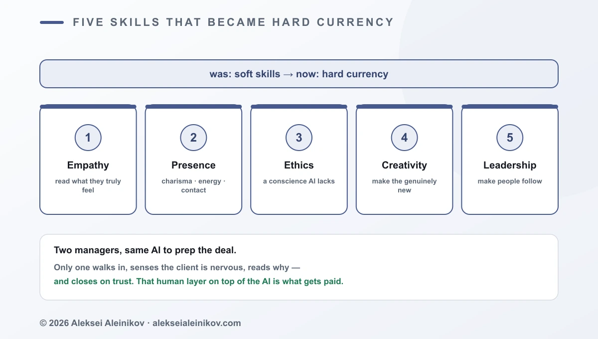 Diagram titled “Five skills that became hard currency” showing five columns, each a labelled chip: Empathy — read what the other person truly feels; Presence — charisma, energy, personal contact; Ethics — a conscience AI does not have; Creativity — make the genuinely new, not remix the old; Leadership — make people follow when things are hard. Above the row a banner reads “was: soft skills → now: hard currency”. Below, a two-manager example note explains that both use AI to prep, but only one senses the client is nervous and closes on trust.