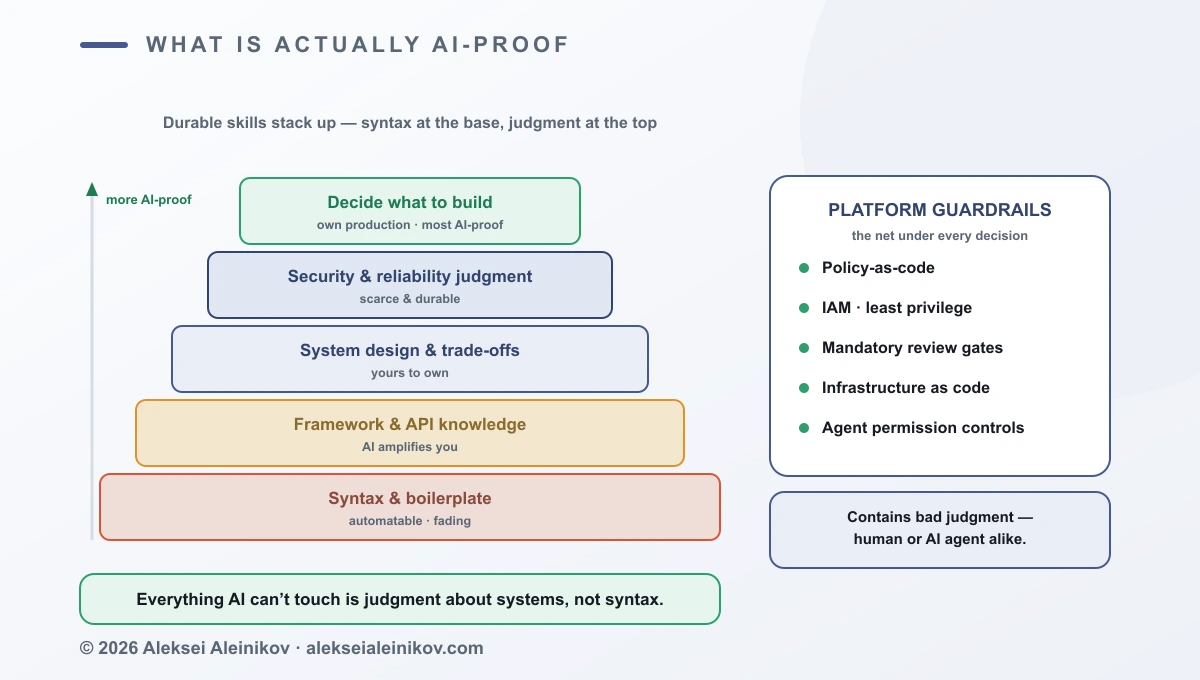 A layered pyramid of durable skills. The wide base is “syntax and boilerplate” marked as automatable and fading; above it “framework and API knowledge” amplified by AI; then “system design and trade-offs”; then “security and reliability judgment”; and at the narrow top “deciding what to build and owning production” marked as the most AI-proof. To the right, a callout shows platform guardrails — policy-as-code, IAM, review gates, IaC — as the net that contains bad judgment whether it comes from a human or an agent.