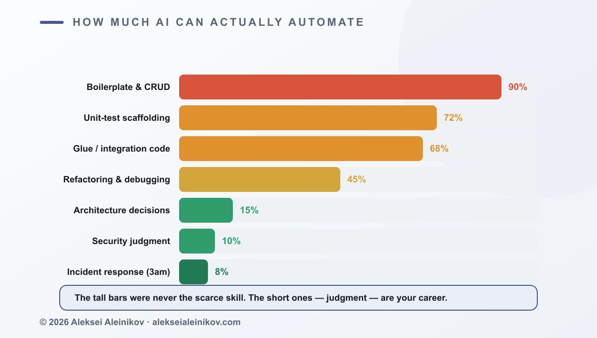 Horizontal bar chart titled “How much of the work AI can actually automate”, showing boilerplate and CRUD near 90 percent, unit tests and glue code high, refactoring in the middle, and architecture decisions, security judgment, and incident response near the bottom at under 15 percent.