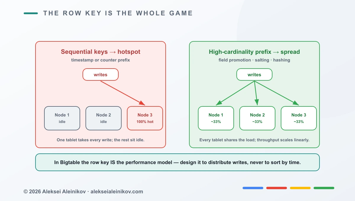 Row-key design: sequential keys send every write to one hot node while others sit idle; a high-cardinality prefix spreads writes evenly so throughput scales linearly.
