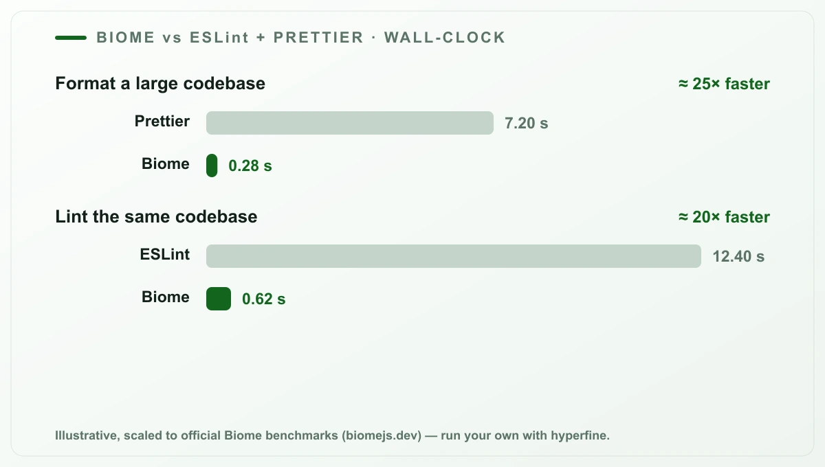 Benchmark: Biome formatiert rund 25x schneller als Prettier und lintet rund 20x schneller als ESLint auf derselben Codebasis.