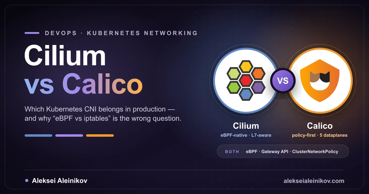 Cilium vs Calico: two Kubernetes CNIs converging on eBPF, netkit, Gateway API and ClusterNetworkPolicy, with the remaining differences in policy model, Windows support and BGP.