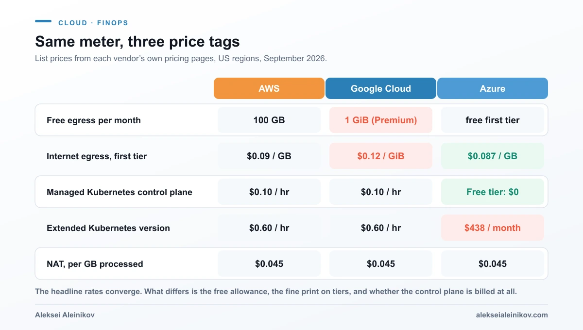 Comparison table of AWS, Google Cloud and Azure list prices for free egress allowance, internet egress first tier, managed Kubernetes control plane, extended Kubernetes version support and NAT per-GB processing.