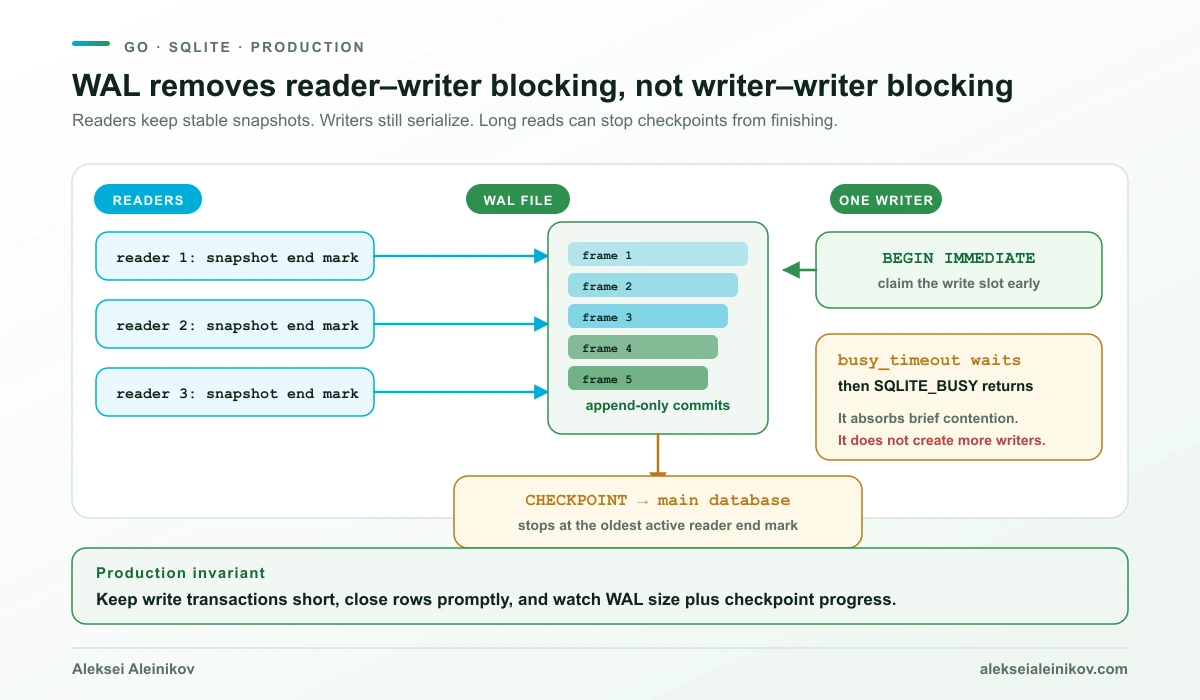 Three readers keep snapshot end marks while one writer appends frames to a WAL file; a checkpoint copies frames to the main database but can stop at an old reader.