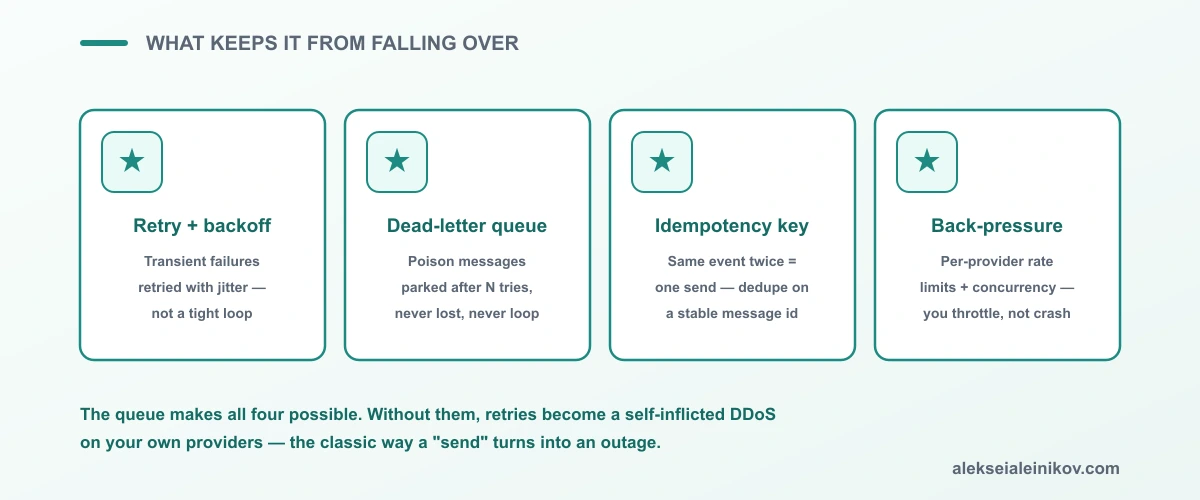 Vier Schutzmechanismen halten es oben: Retry mit Backoff, eine Dead-Letter-Queue, Idempotenz-Schlüssel und Back-Pressure pro Provider.