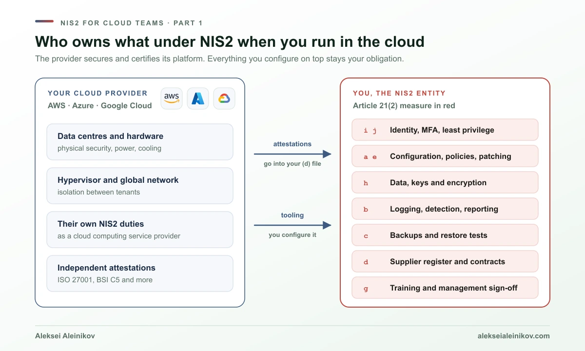 NIS2 shared responsibility in the cloud: the provider secures and certifies its infrastructure, you own identity, configuration, data, logging, backups, incident reporting and people.