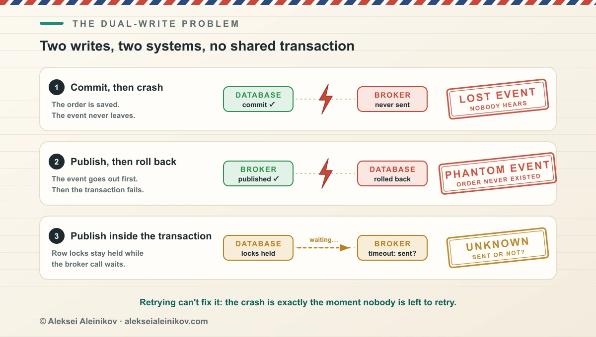 The dual-write problem: commit then crash loses the event, publish then roll back sends a phantom event, and publishing inside the transaction holds locks and ends in an unknown state on timeout.