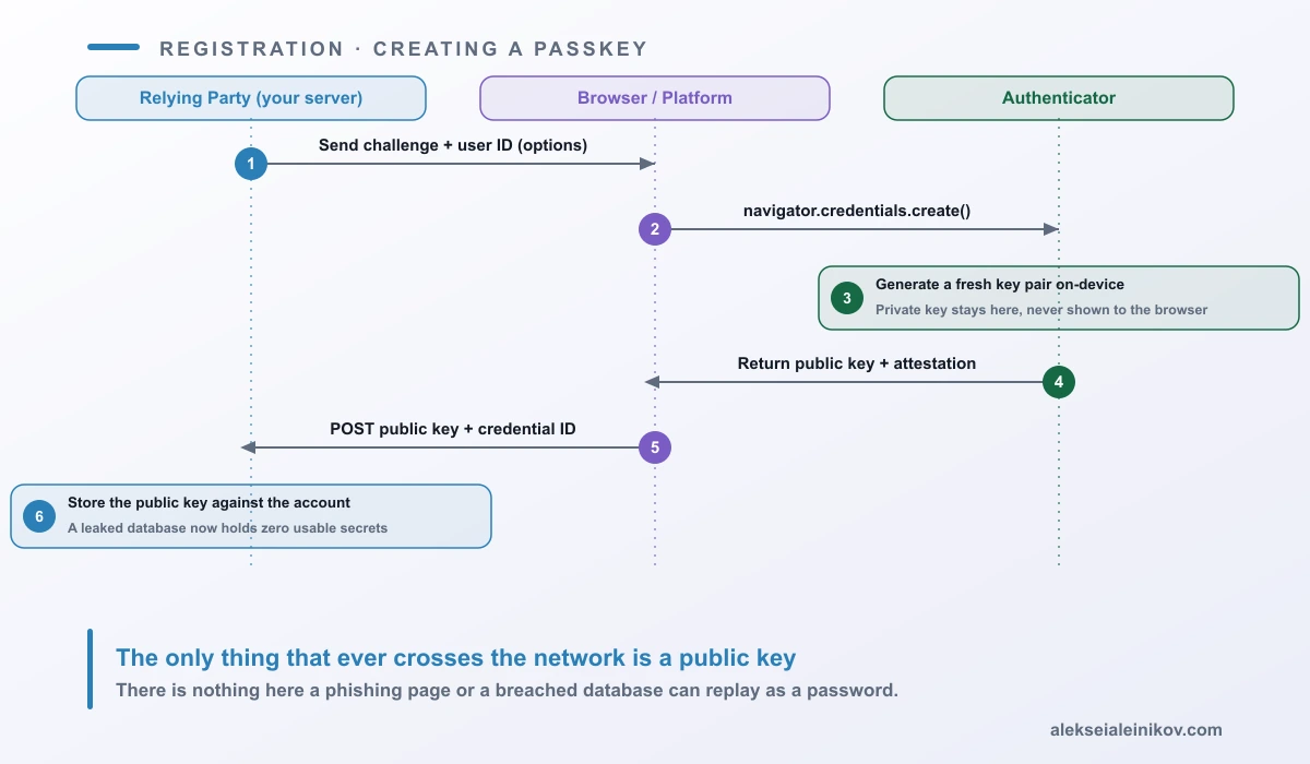 WebAuthn registration ceremony diagram: relying party sends a challenge, the browser calls navigator.credentials.create, the authenticator generates a key pair on-device and returns the public key, and the server stores only the public key