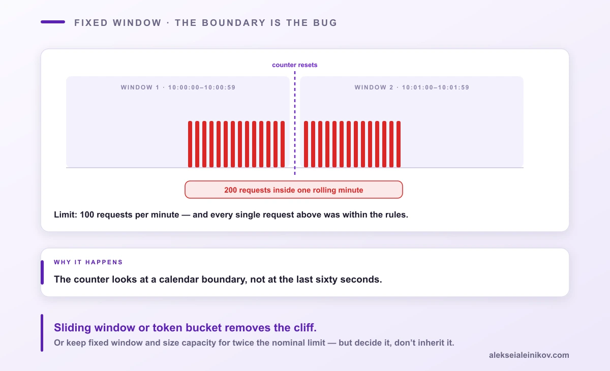 The fixed window boundary: two legal bursts either side of the reset add up to double the limit.