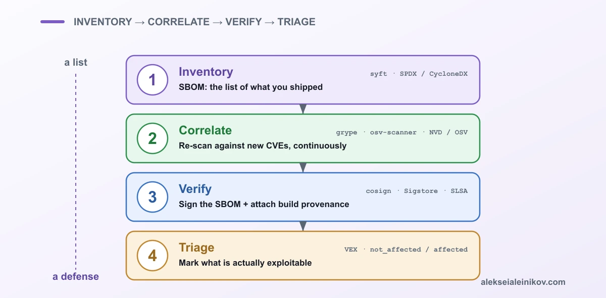 Vier Schichten machen aus einer SBOM statt eines Aktenschrank-Artefakts eine Verteidigung: Inventar, Korrelation, Verifikation, Triage.