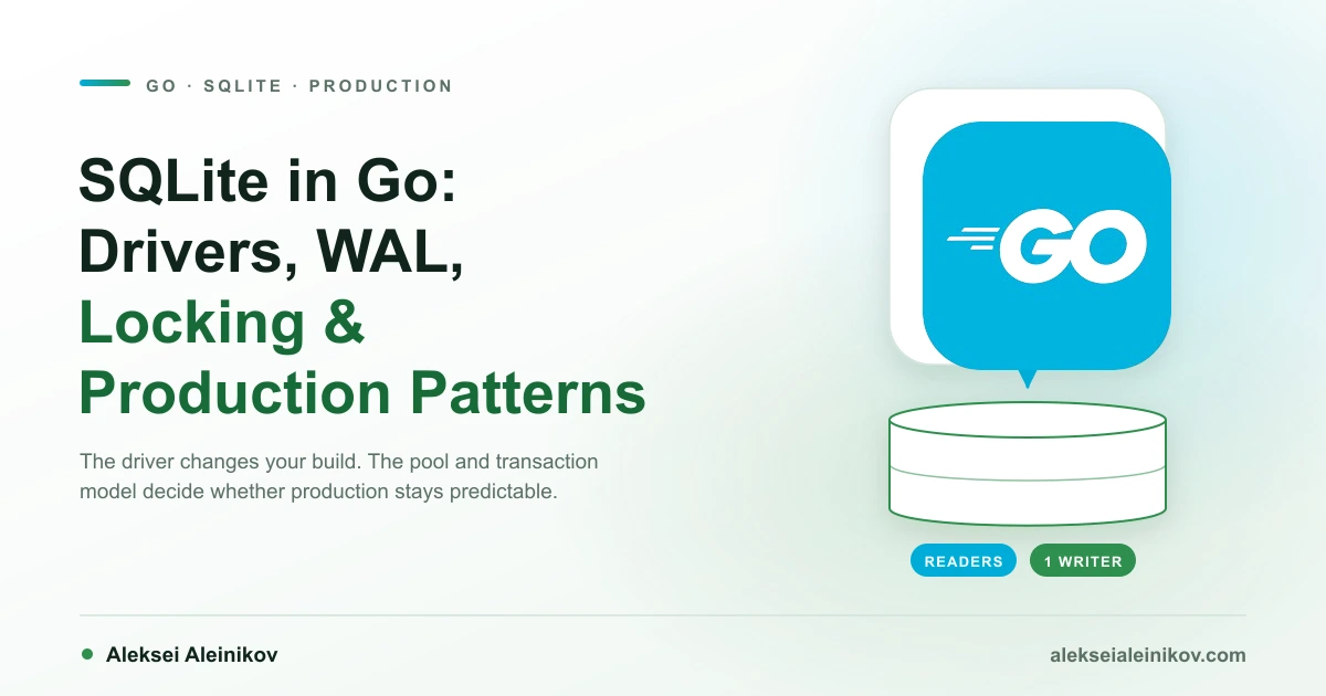 SQLite in Go with a light Go logo card above a database, readers and one writer.