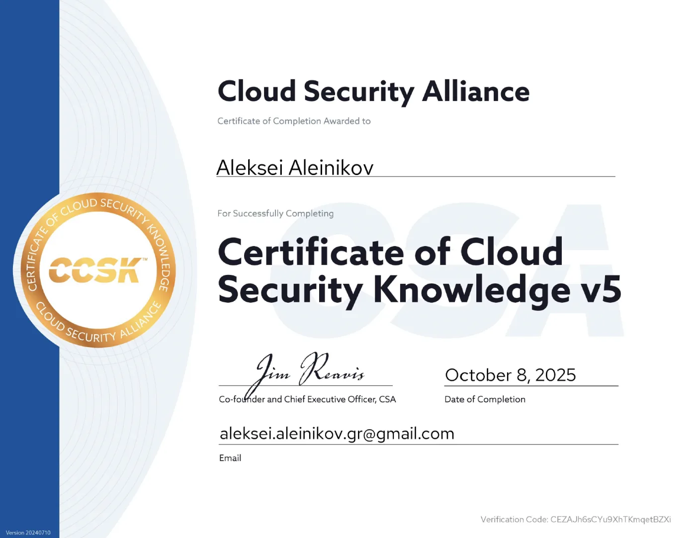 Certificate for Certificate of Cloud Security Knowledge (CCSK) v5