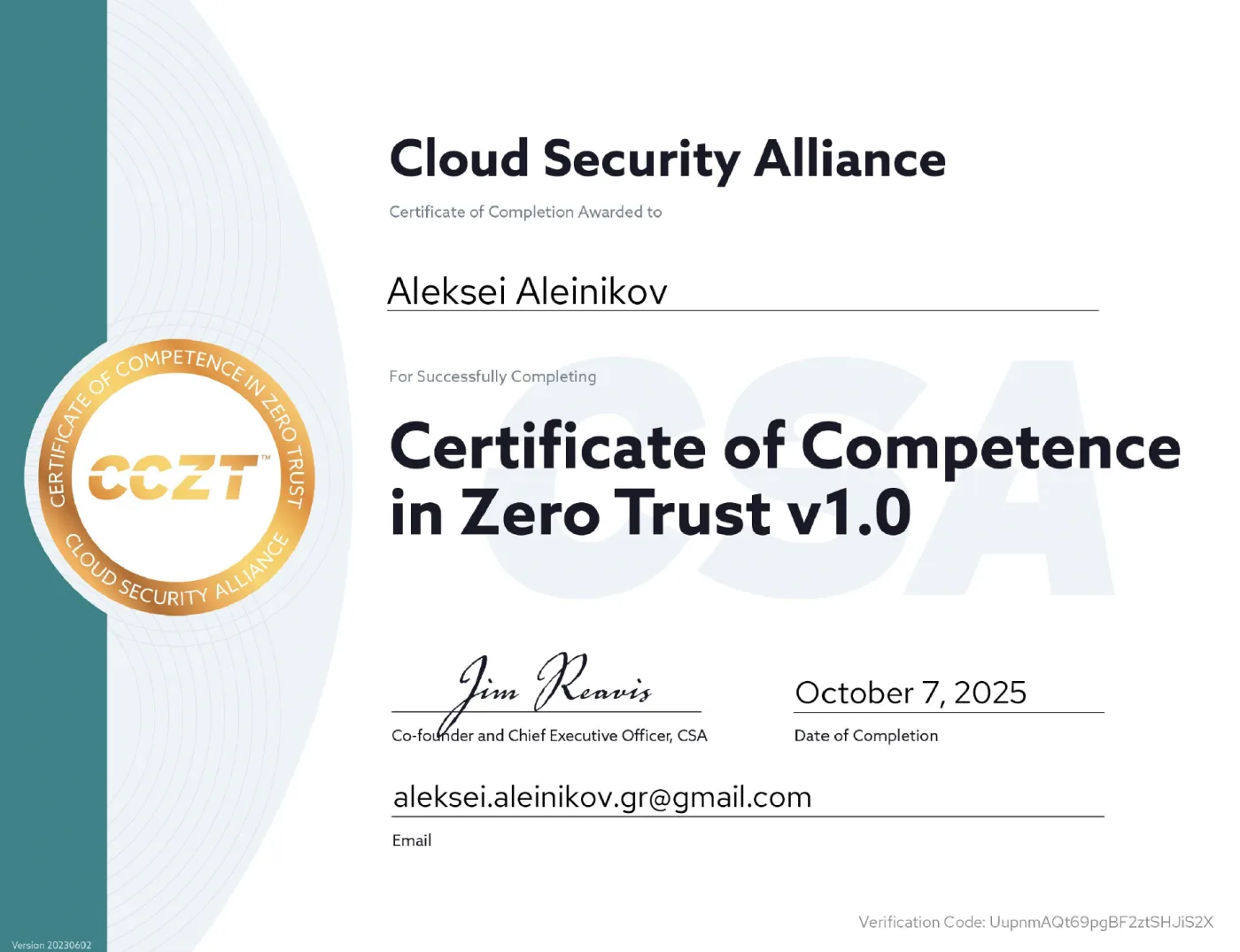Certificate for Certificate of Competence in Zero Trust (CCZT)