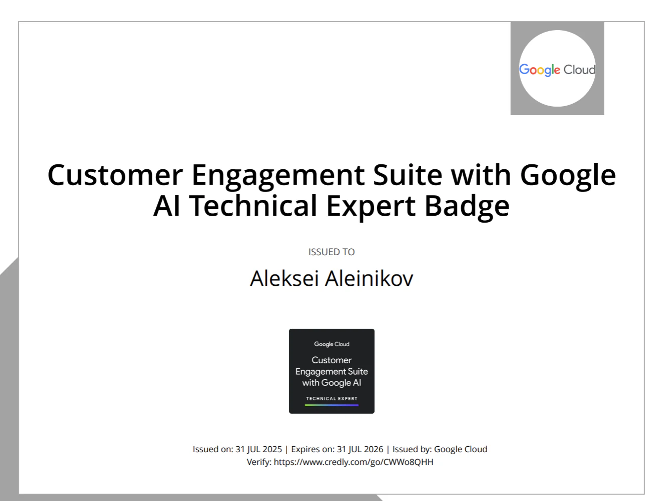 Certificate for Technical Expert: Customer Engagement Suite mit Google AI