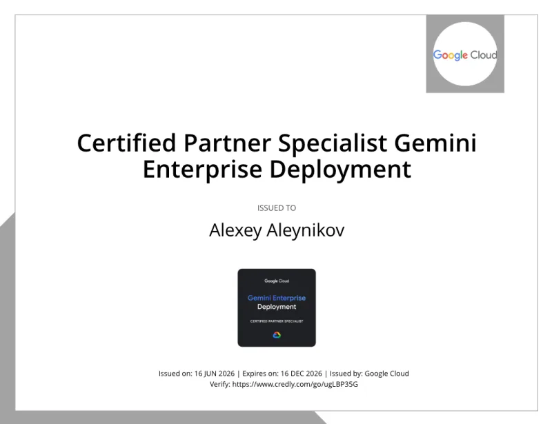 Certificate for Certified Partner Specialist: Gemini Enterprise Deployment