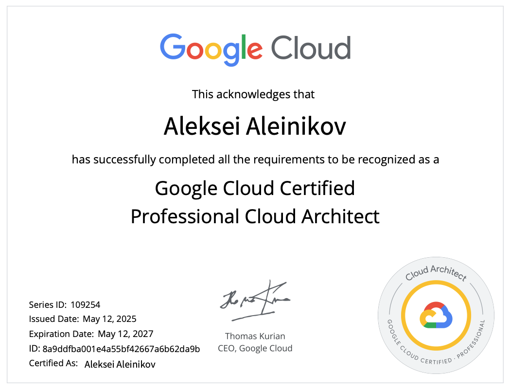 Certificate for Google Cloud Certified Professional Cloud Architect