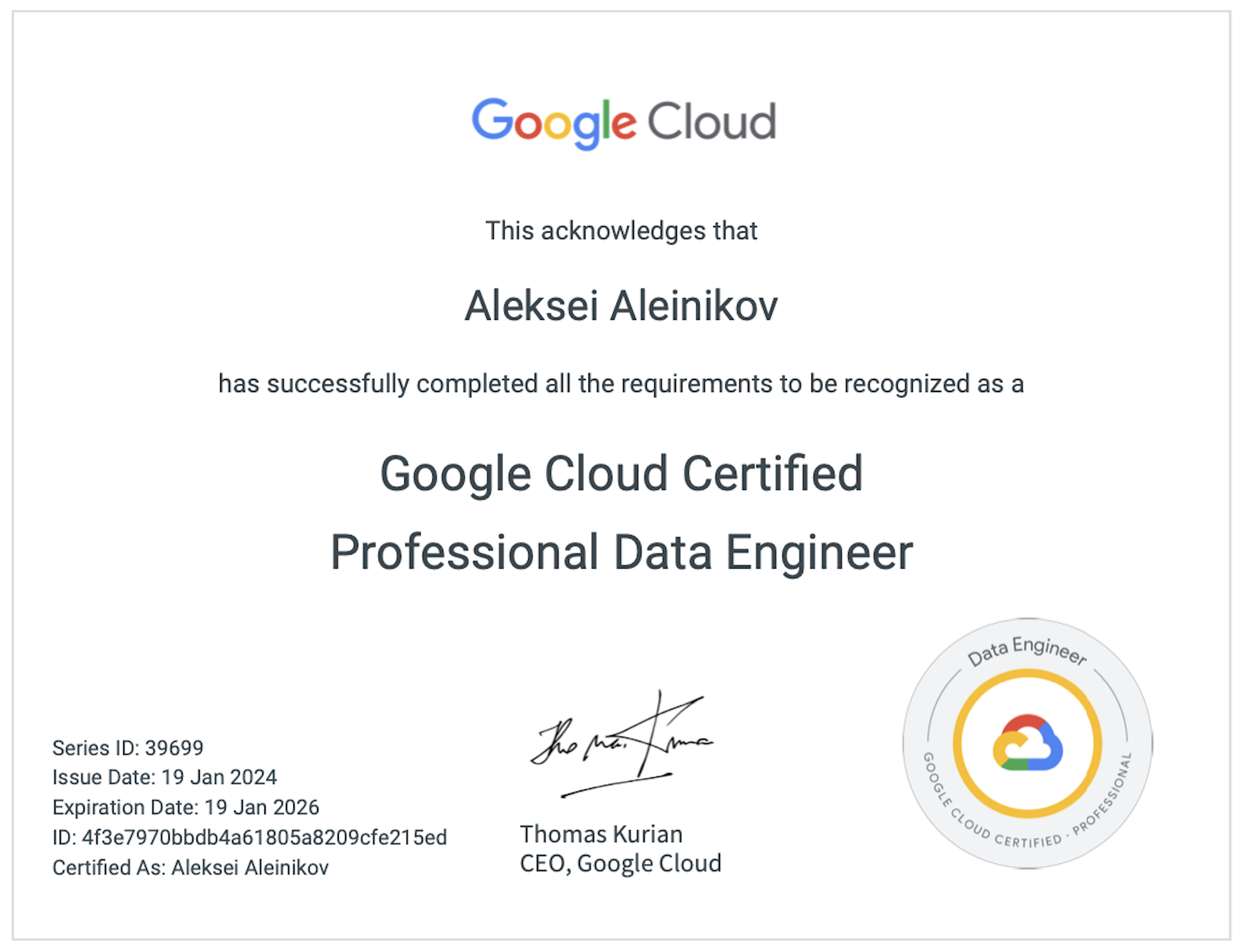 Certificate for Google Cloud Certified Professional Data Engineer