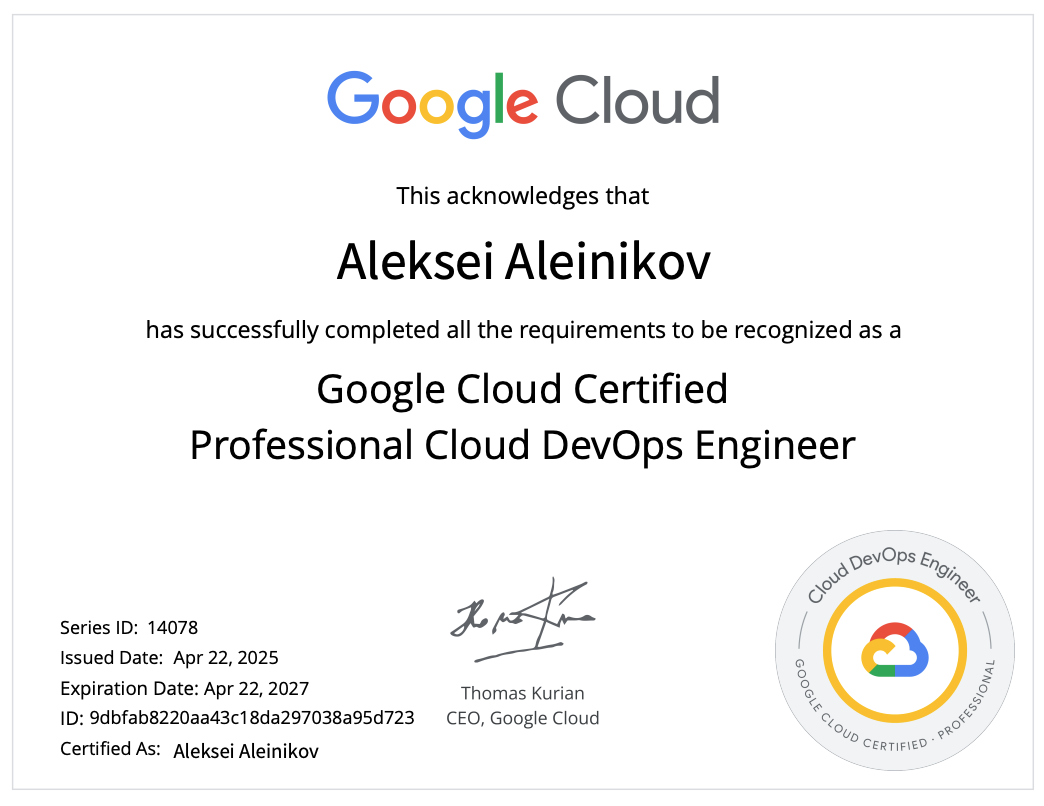 Certificate for Google Cloud Certified Professional DevOps Engineer