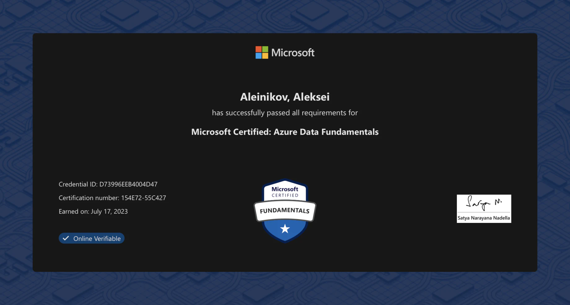Certificate for Microsoft Certified: Azure Data Fundamentals