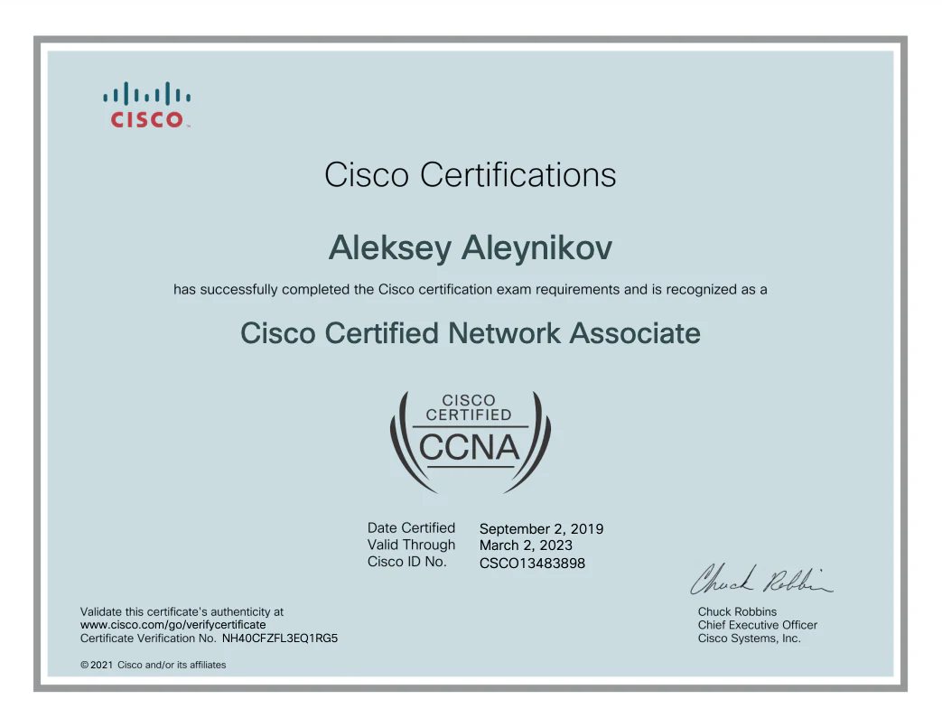 Certificate for CCNA - Cisco Certified Network Associate