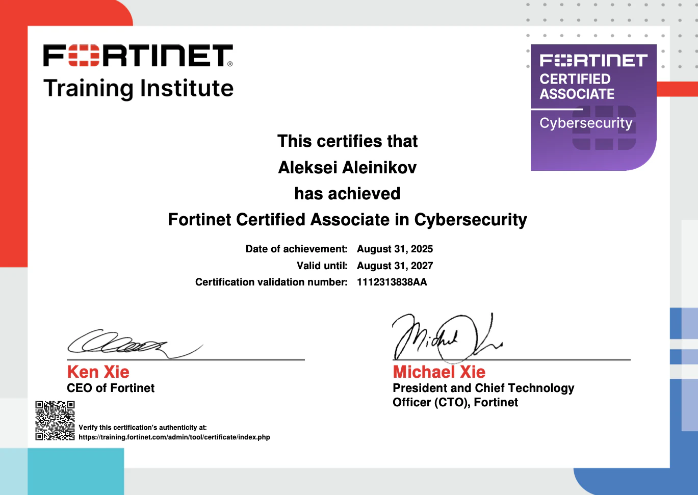 Certificate for Fortinet Zertifizierter Associate für Cybersicherheit