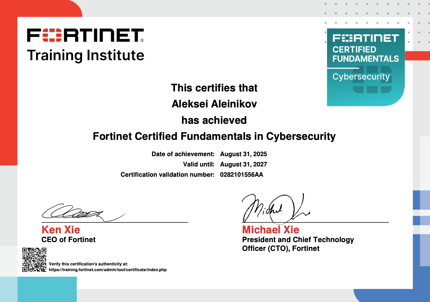 Certificate for Fortinet Zertifizierter Cybersecurity-Grundlagen