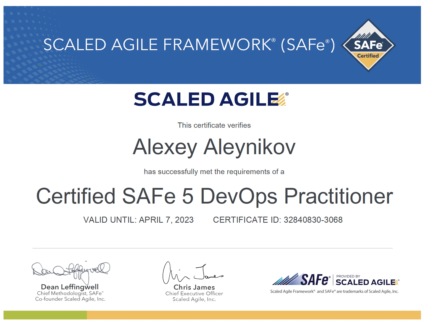 Certificate for Certified SAFe 5 DevOps Practitioner