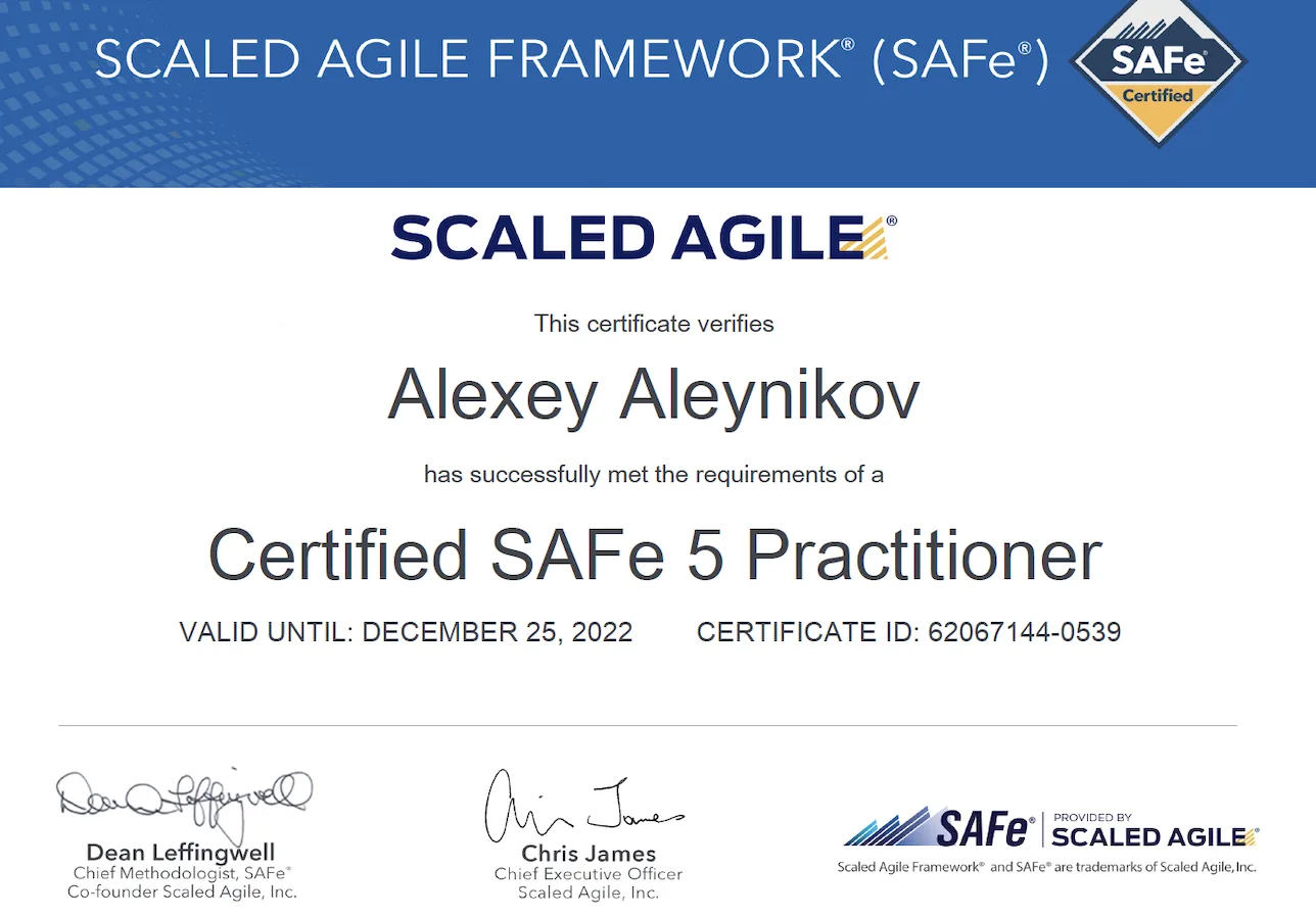 Certificate for Certified SAFe 5 Practitioner