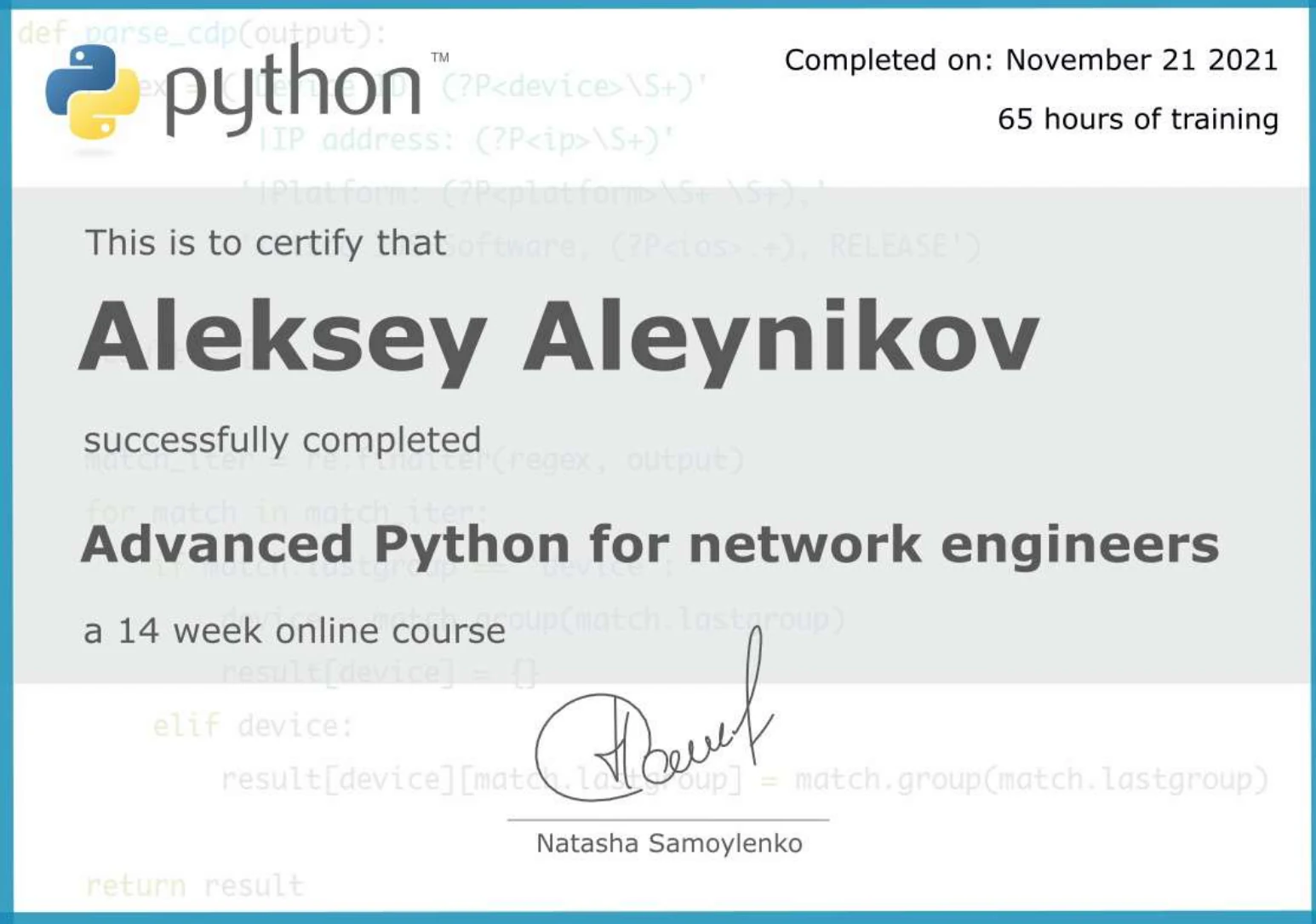 Zertifikat: AdvPyNEng — Python für Netzwerktechniker