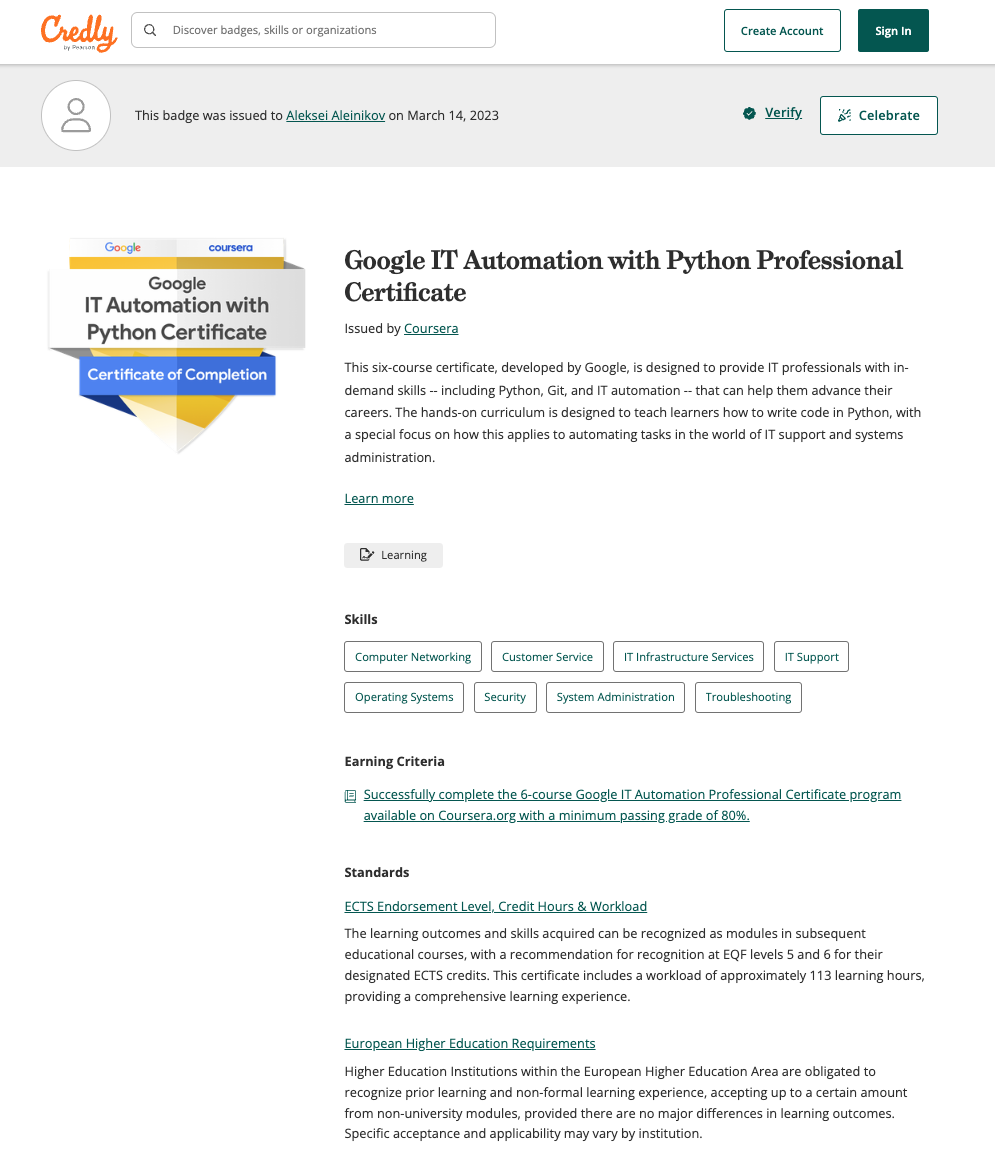 Zertifikat: Google IT-Automatisierung mit Python