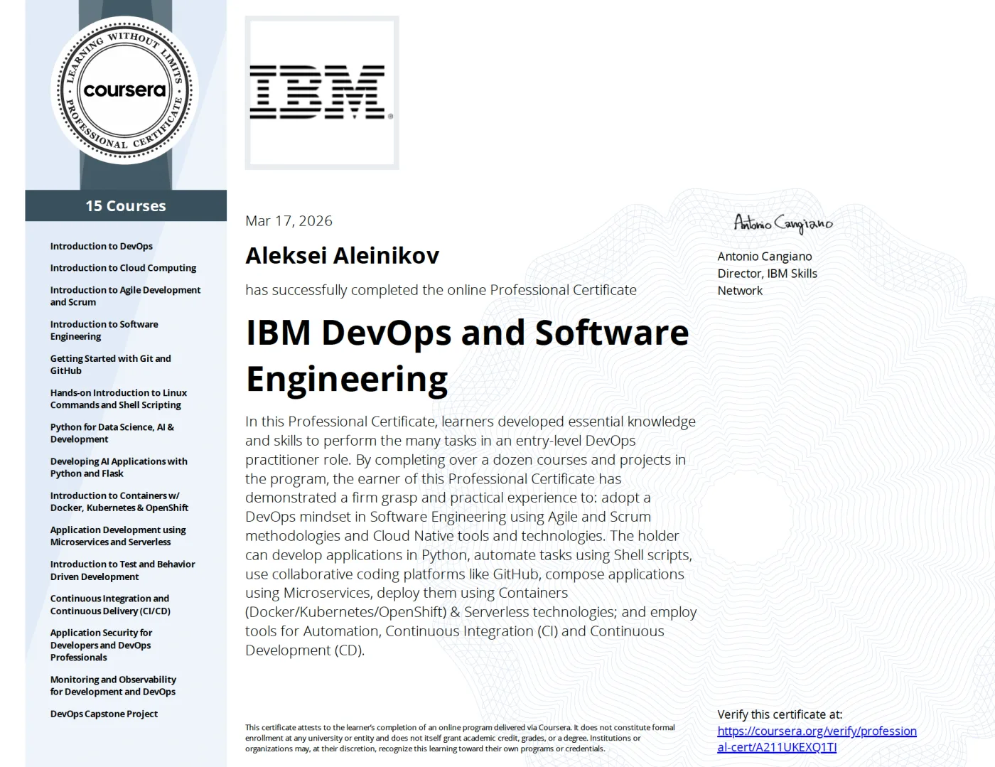 Certificate: IBM DevOps and Software Engineering (Professional Certificate)