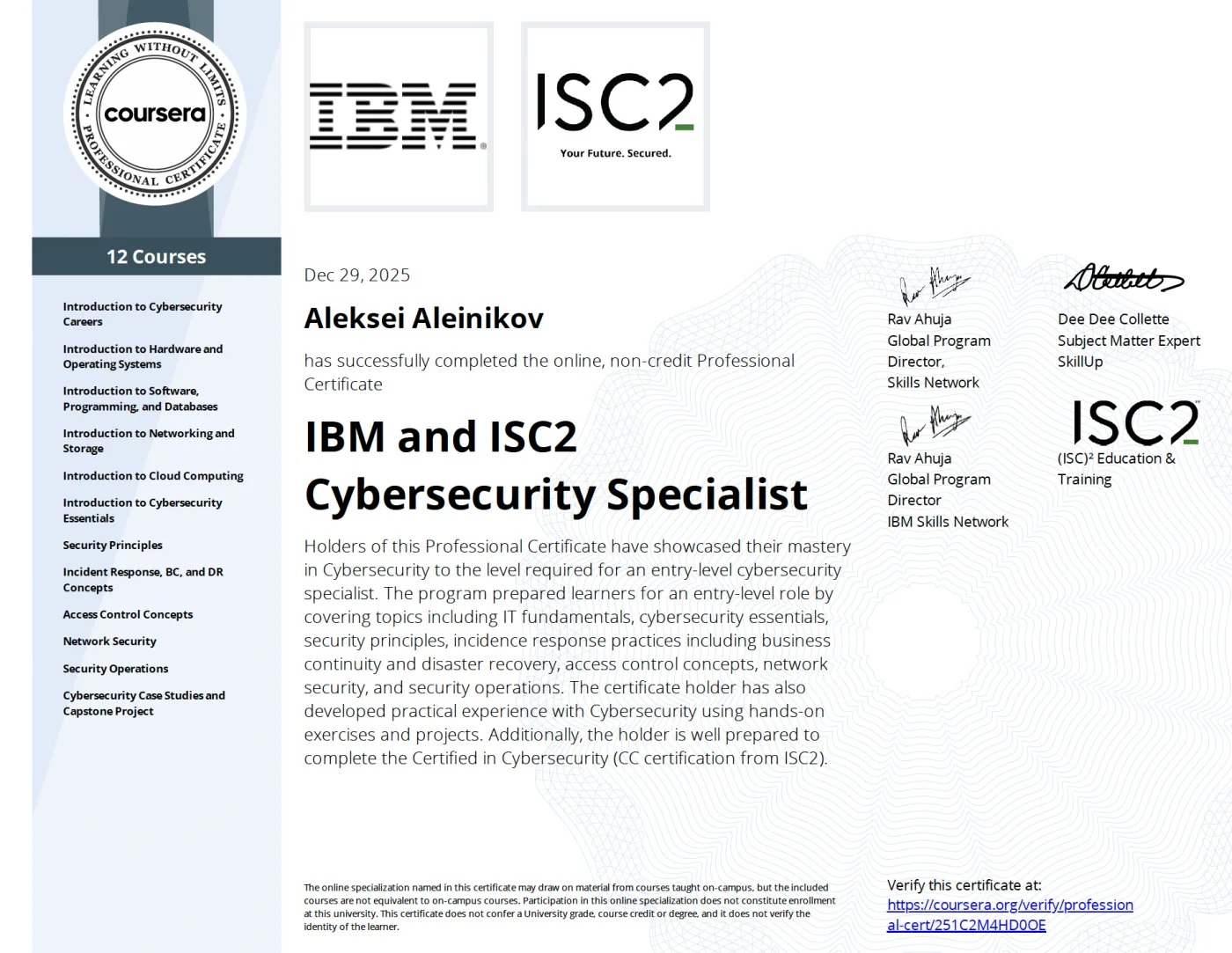Zertifikat: IBM & ISC2 Cybersecurity Specialist (Professional Certificate)