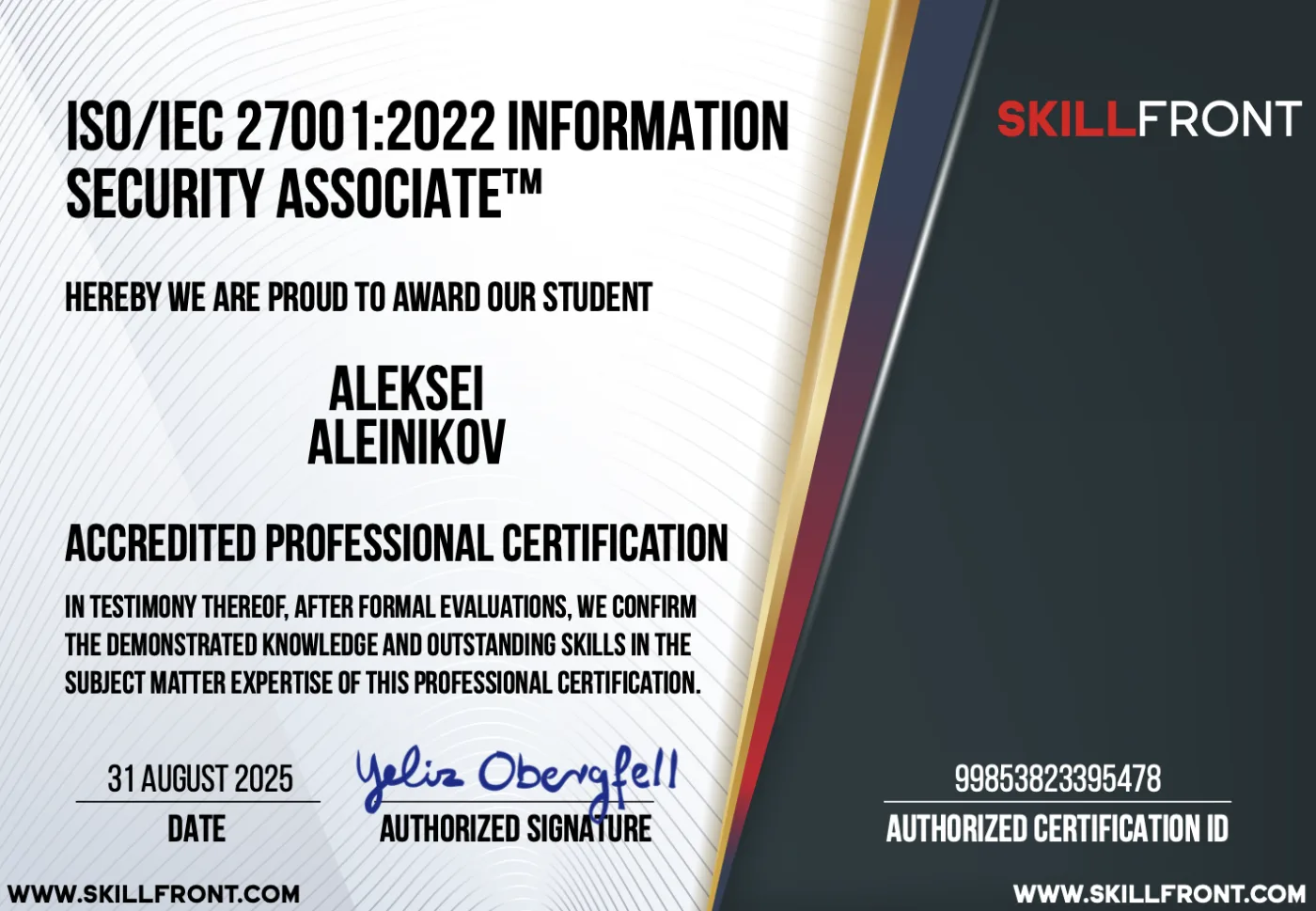 Zertifikat: ISO/IEC 27001:2022 Informationssicherheits-Associate