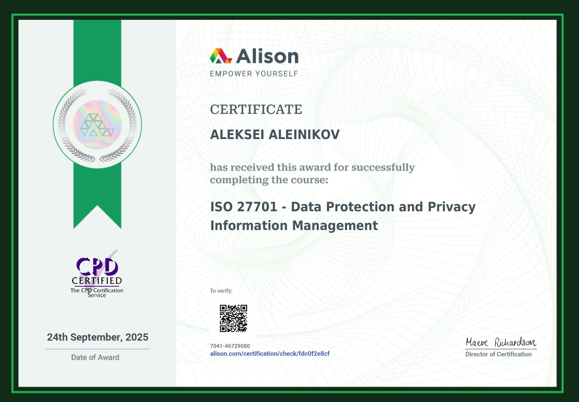 Zertifikat: ISO/IEC 27701 – Datenschutz- und Privatsphären-Management