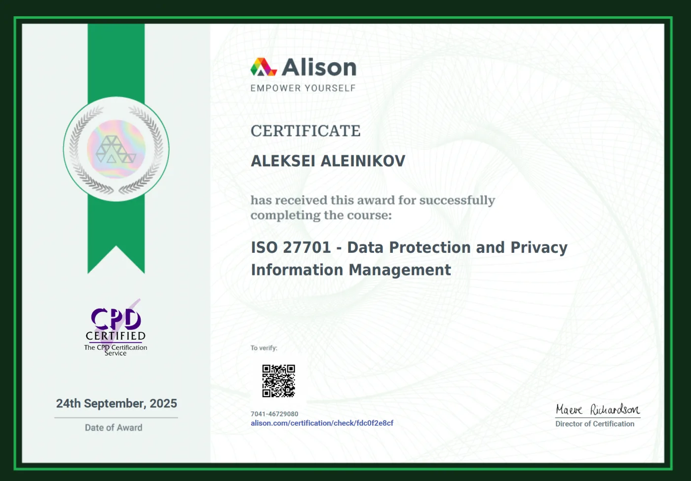 Zertifikat: ISO/IEC 27701 – Datenschutz- und Privatsphären-Management