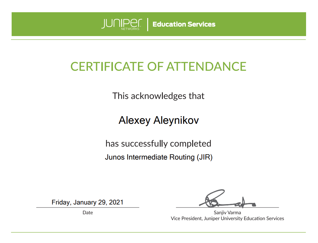 Zertifikat: Juniper Junos Intermediate Routing (JIR)